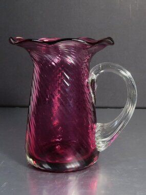 Vintage Hand Blown Cranberry Glass Pitcher Ruffled Rim Art Glass